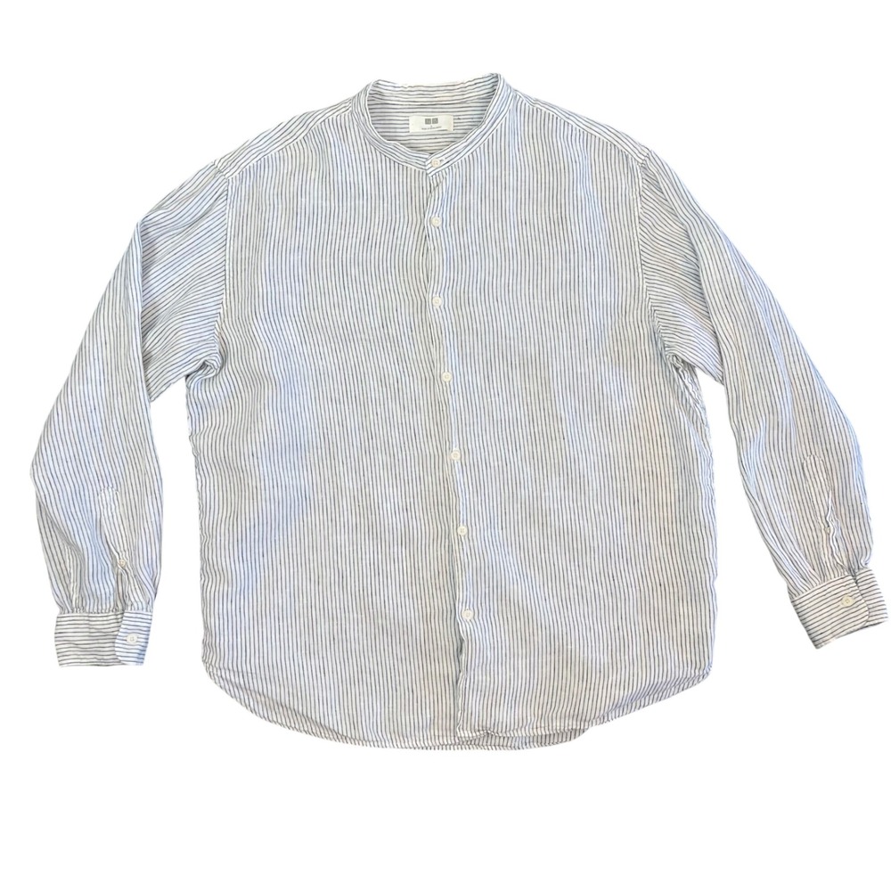 Uniqlo Mens L 100% Linen Striped Band Collar Long Sleeve Shirt White Navy Blue